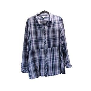 J.Jill  Women's Shirt  Plaid Button Up Navy Blue Purple Relaxed Fit Tunic Top XL